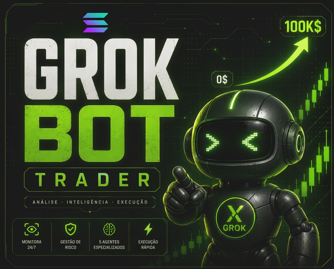 Capa do e-book Grok Bot Trader com robô de IA e gráfico de trading em verde neon